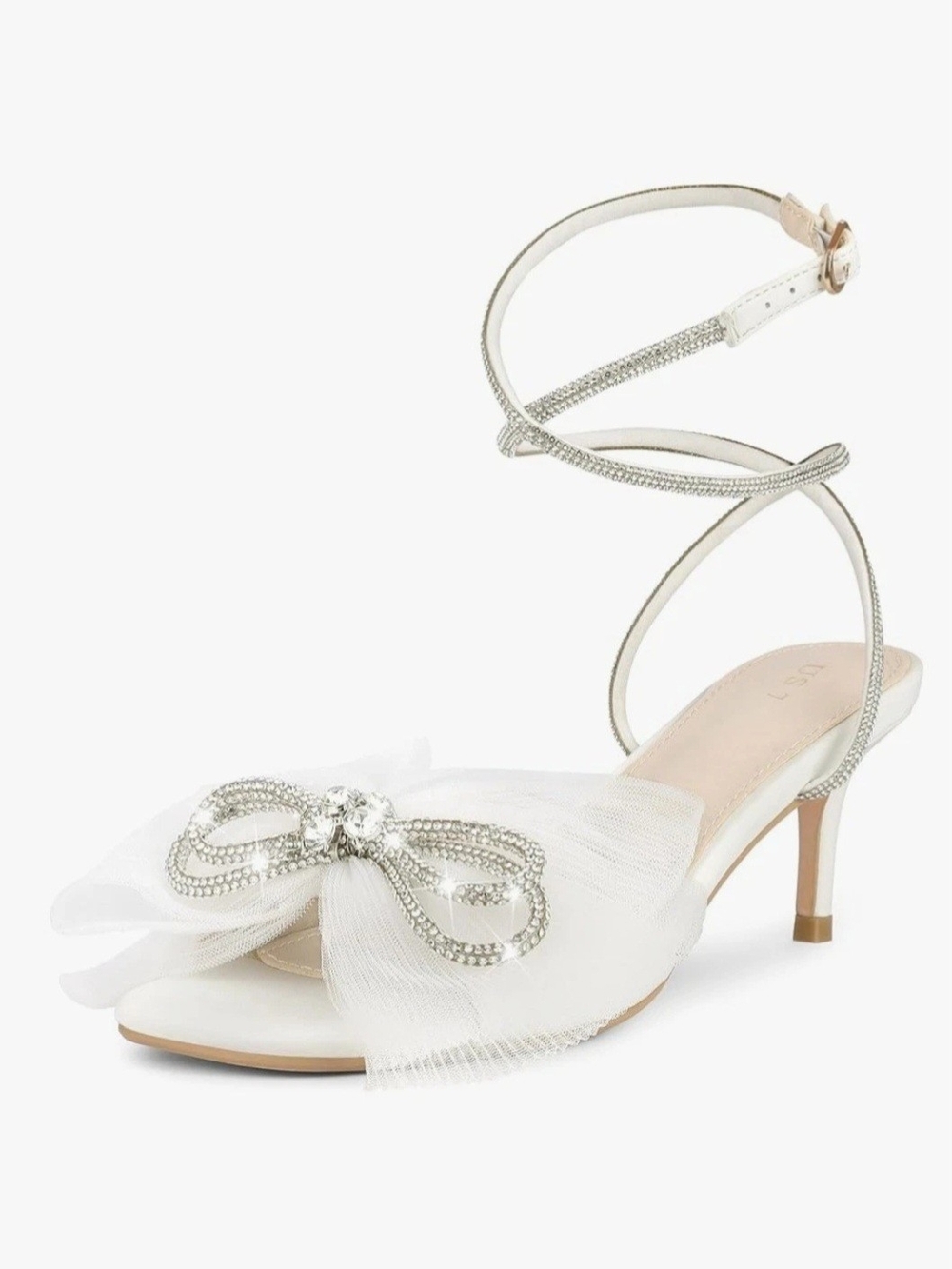 White Tulle Bow Ankle-Strap Heel with Crystal Accent